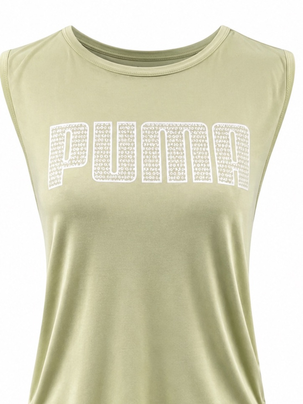 Puma Womens Green‎ Top S Workout Shirt Loose Fit V Hem White Logo Gym Sleeveless